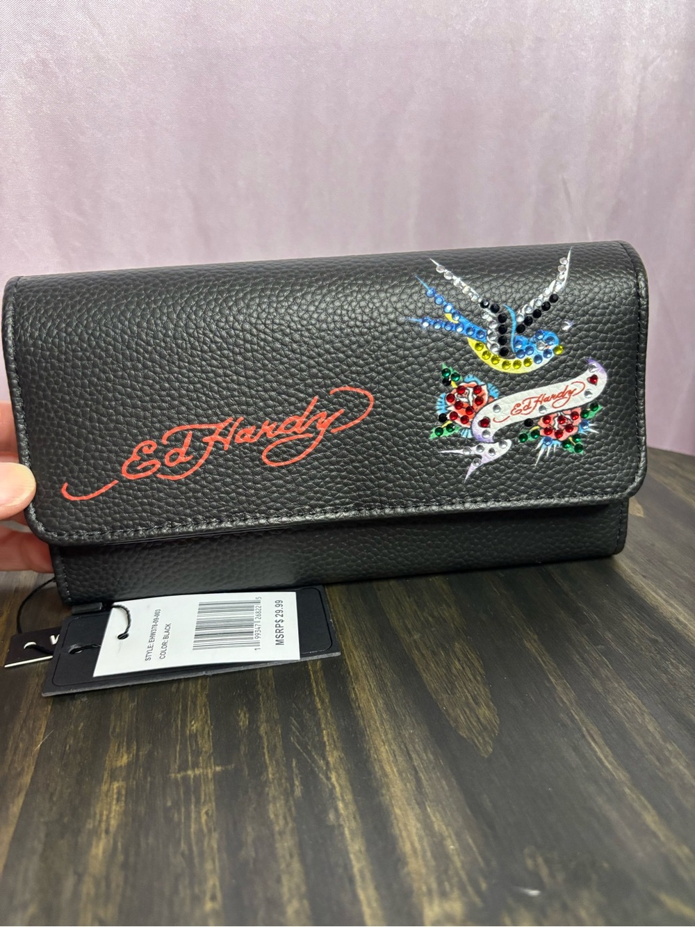 Ed Hardy Black Leather Wallet with Multicolor Rhinestone Swallow